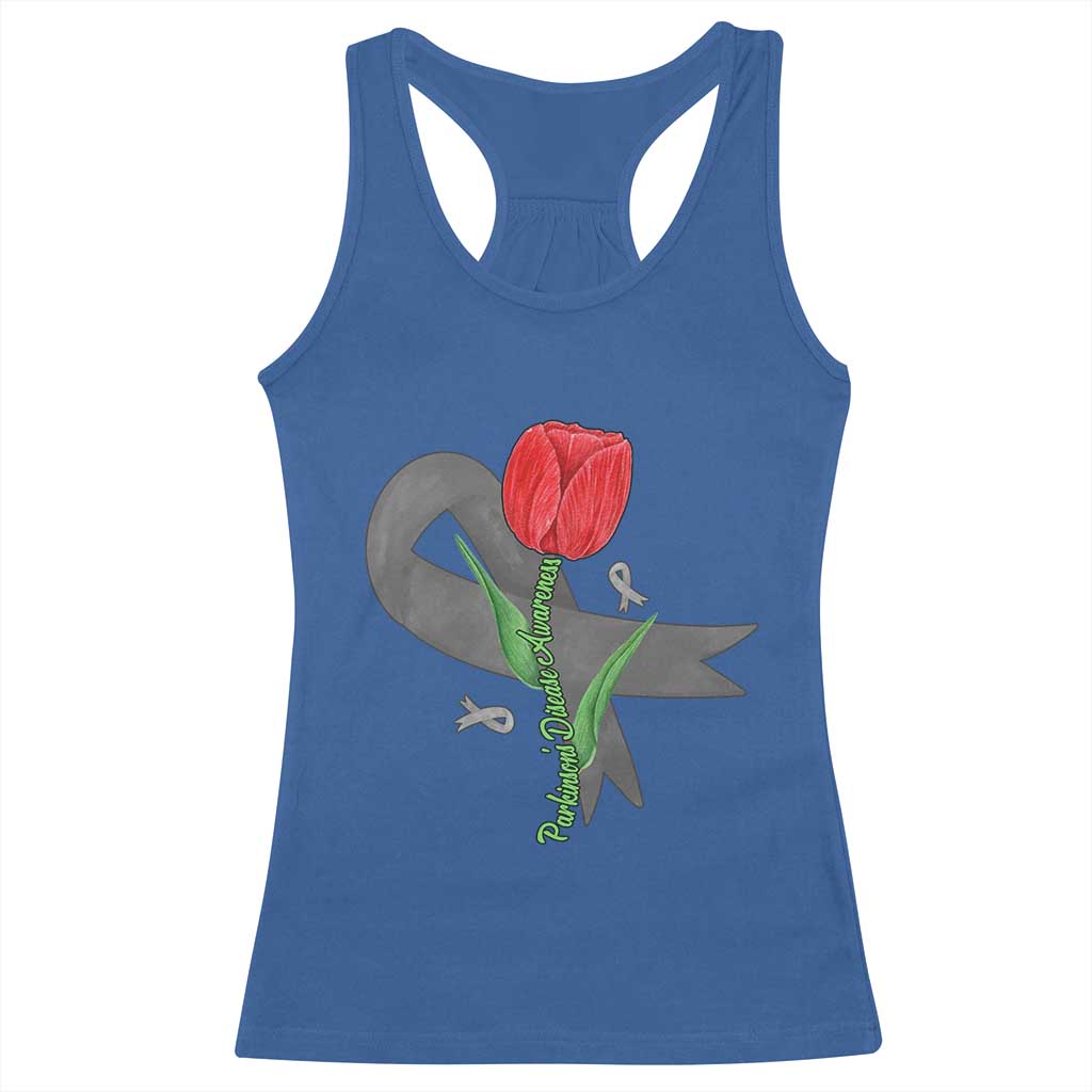 Parkinson's Awareness Racerback Tank Top Gray Ribbon Tulips Support Parkinsons Warrior