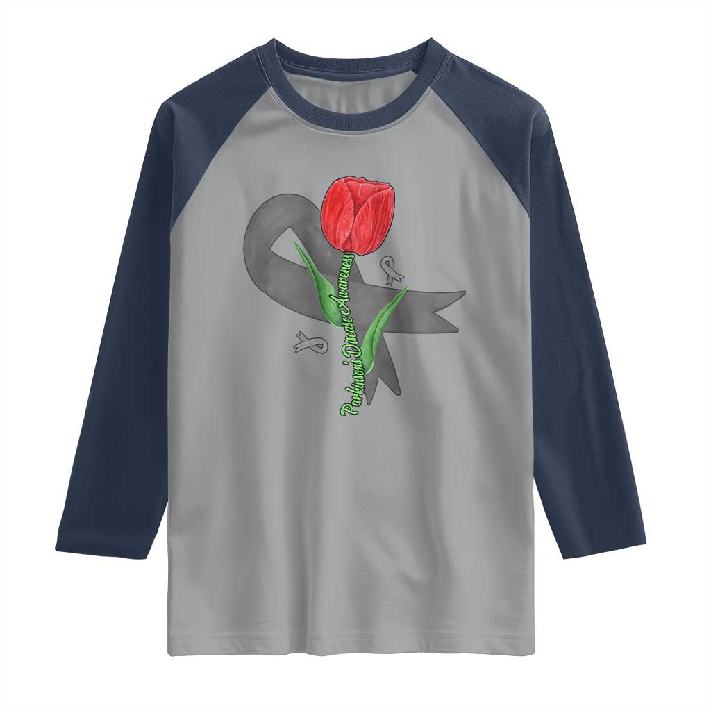 Parkinson's Awareness Raglan Shirt Gray Ribbon Tulips Support Parkinsons Warrior