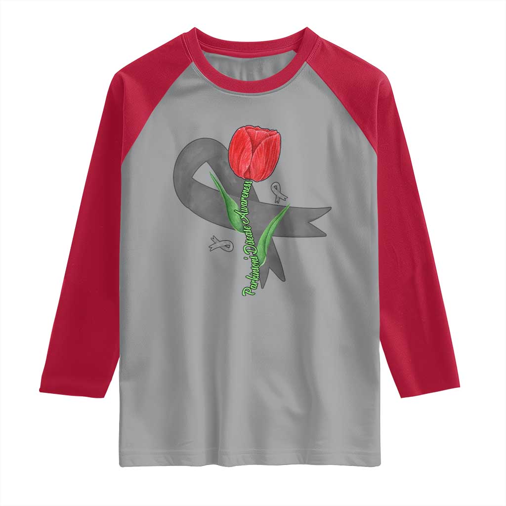 Parkinson's Awareness Raglan Shirt Gray Ribbon Tulips Support Parkinsons Warrior