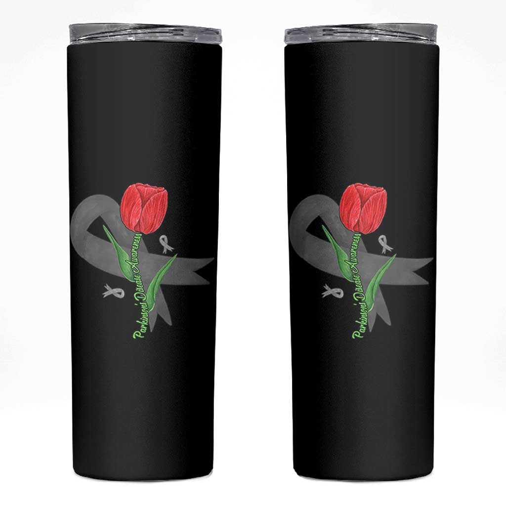 Parkinson's Awareness Skinny Tumbler Gray Ribbon Tulips Support Parkinsons Warrior