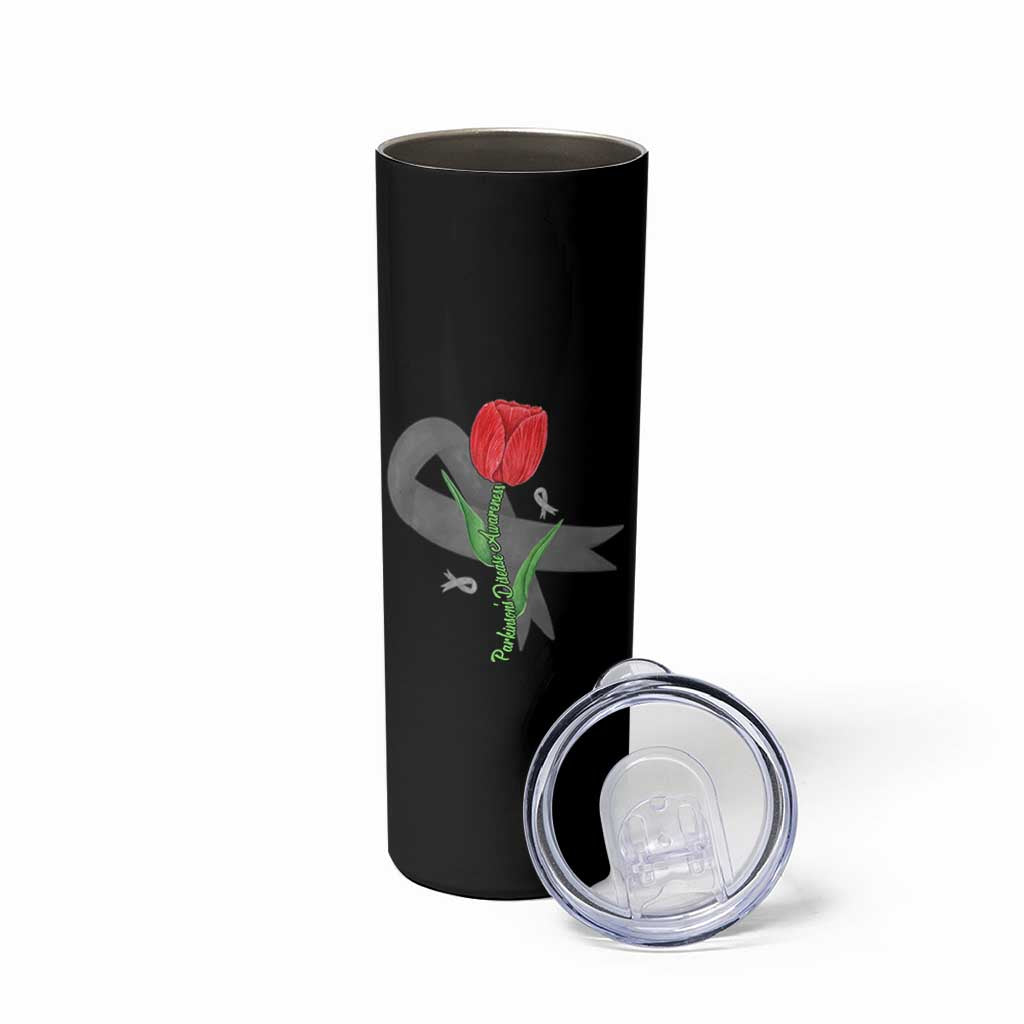 Parkinson's Awareness Skinny Tumbler Gray Ribbon Tulips Support Parkinsons Warrior