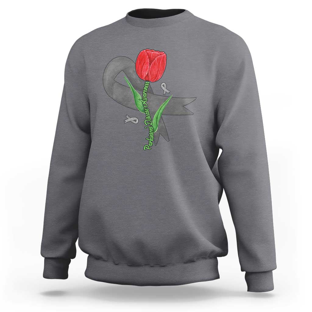Parkinson's Awareness Sweatshirt Gray Ribbon Tulips Support Parkinsons Warrior