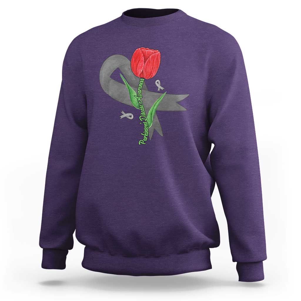 Parkinson's Awareness Sweatshirt Gray Ribbon Tulips Support Parkinsons Warrior