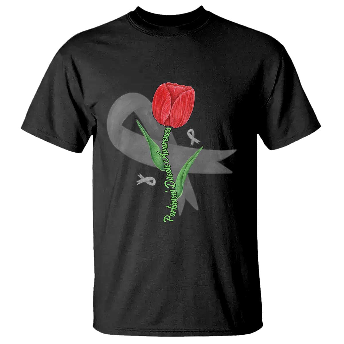 Parkinson's Awareness T Shirt Gray Ribbon Tulips Support Parkinsons Warrior