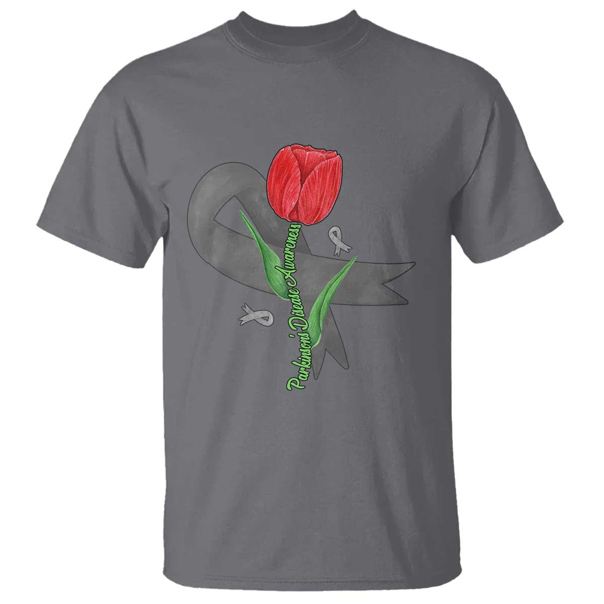 Parkinson's Awareness T Shirt Gray Ribbon Tulips Support Parkinsons Warrior
