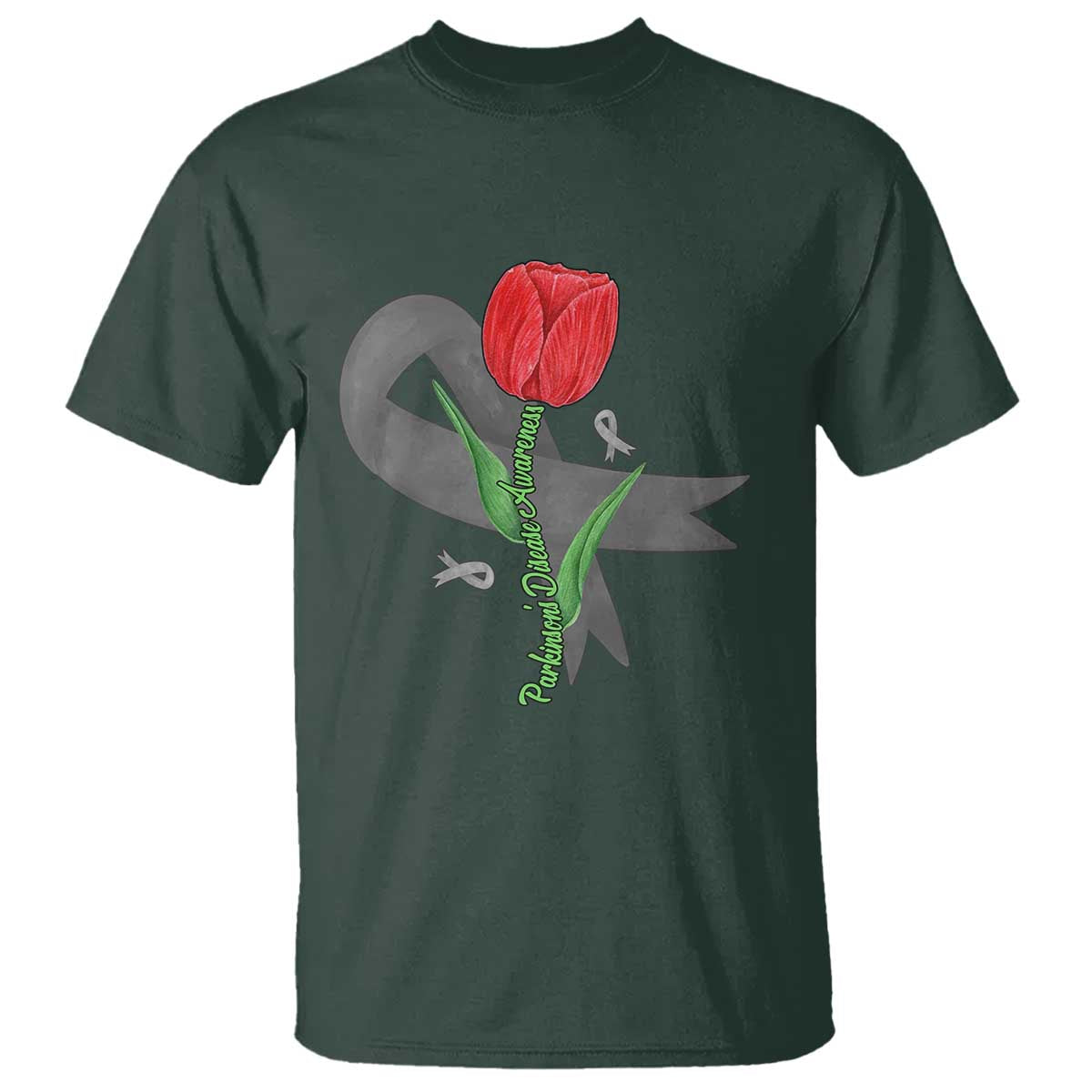 Parkinson's Awareness T Shirt Gray Ribbon Tulips Support Parkinsons Warrior
