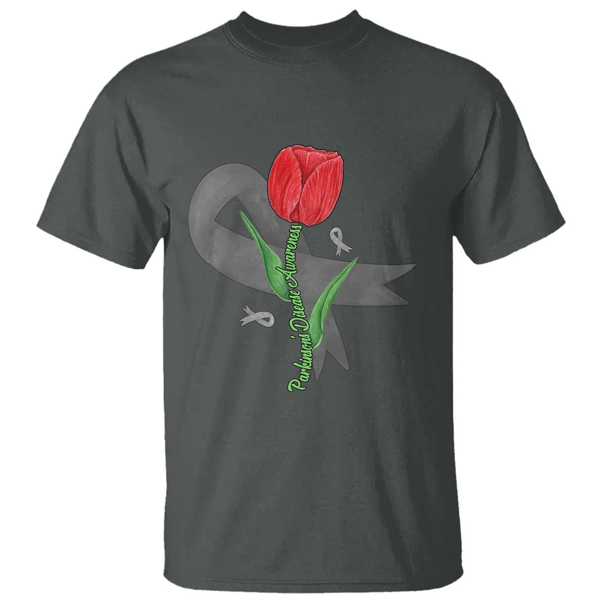 Parkinson's Awareness T Shirt Gray Ribbon Tulips Support Parkinsons Warrior