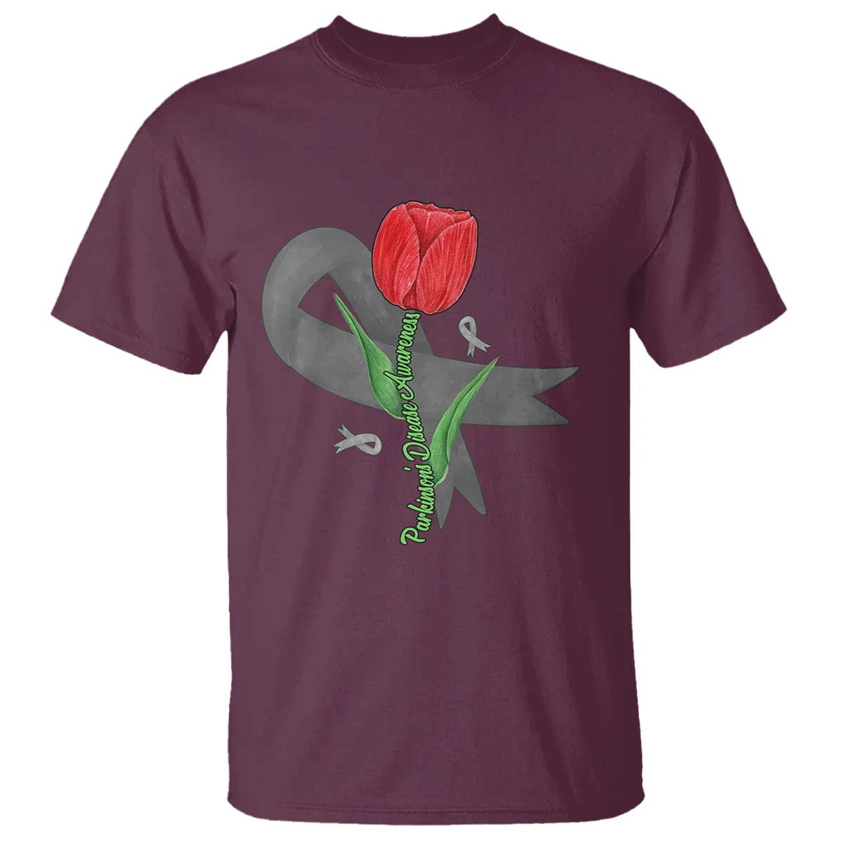 Parkinson's Awareness T Shirt Gray Ribbon Tulips Support Parkinsons Warrior