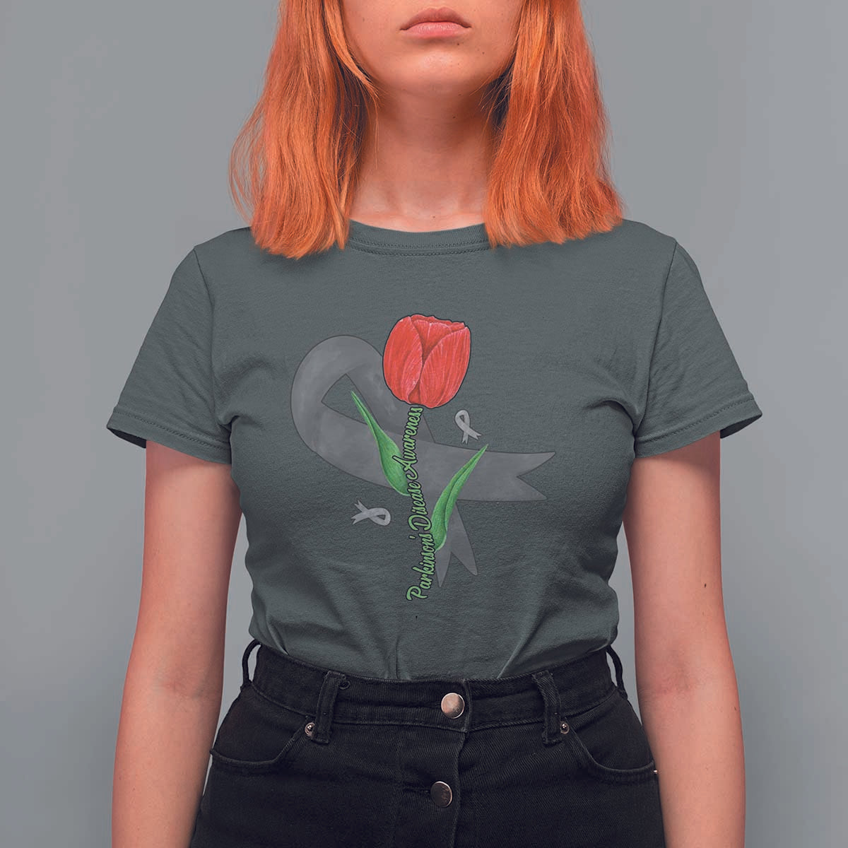 Parkinson's Awareness T Shirt For Women Gray Ribbon Tulips Support Parkinsons Warrior