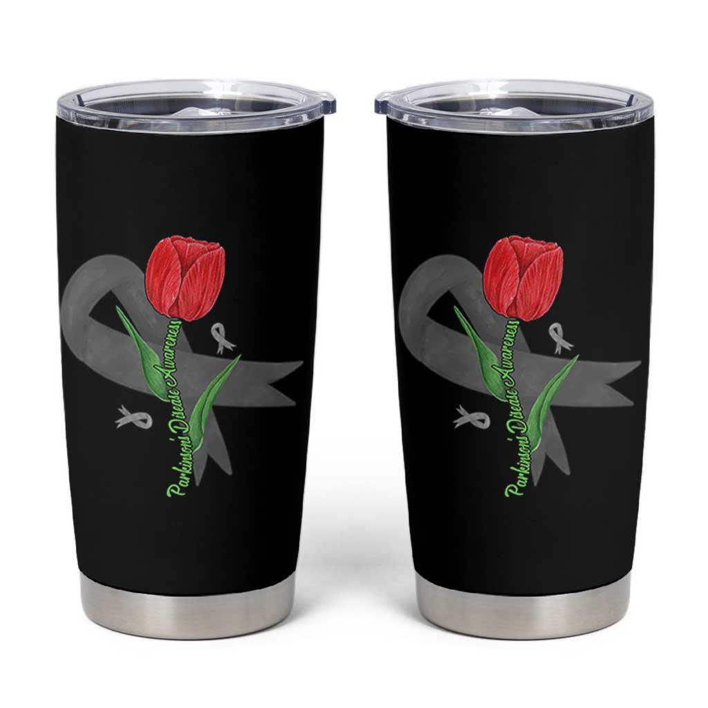 Parkinson's Awareness Tumbler Cup Gray Ribbon Tulips Support Parkinsons Warrior