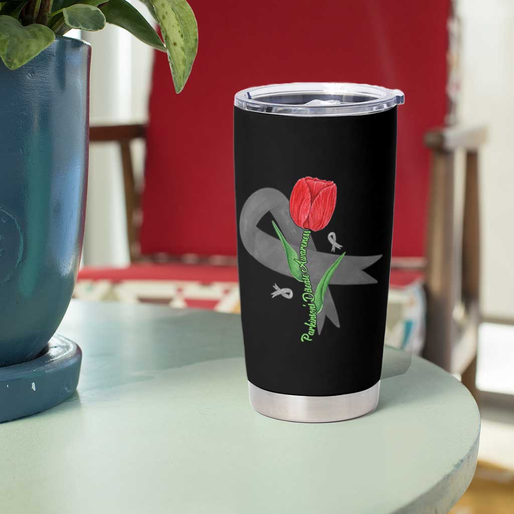 Parkinson's Awareness Tumbler Cup Gray Ribbon Tulips Support Parkinsons Warrior