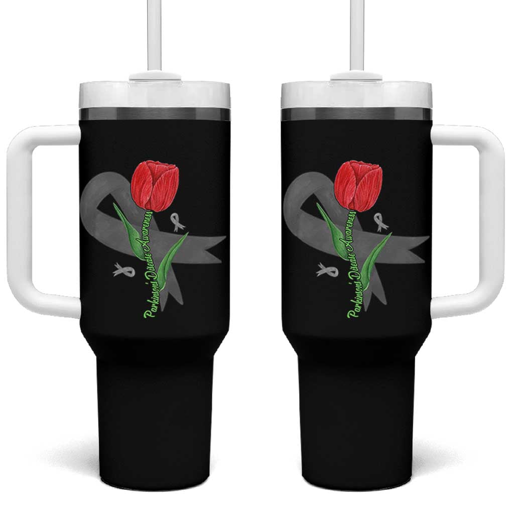 Parkinson's Awareness Tumbler With Handle Gray Ribbon Tulips Support Parkinsons Warrior