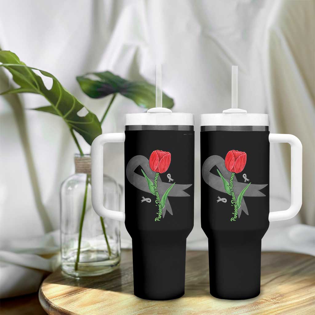 Parkinson's Awareness Tumbler With Handle Gray Ribbon Tulips Support Parkinsons Warrior
