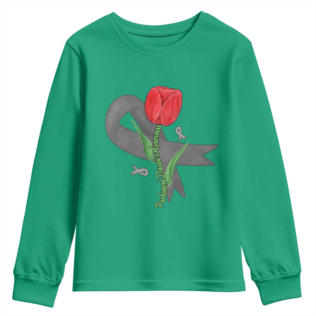 Parkinson's Awareness Youth Sweatshirt Gray Ribbon Tulips Support Parkinsons Warrior