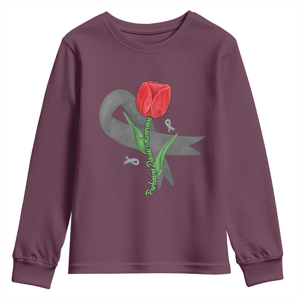 Parkinson's Awareness Youth Sweatshirt Gray Ribbon Tulips Support Parkinsons Warrior