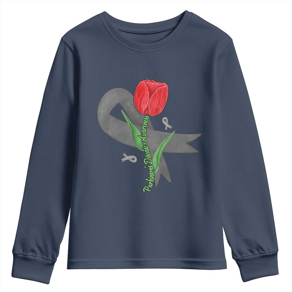 Parkinson's Awareness Youth Sweatshirt Gray Ribbon Tulips Support Parkinsons Warrior