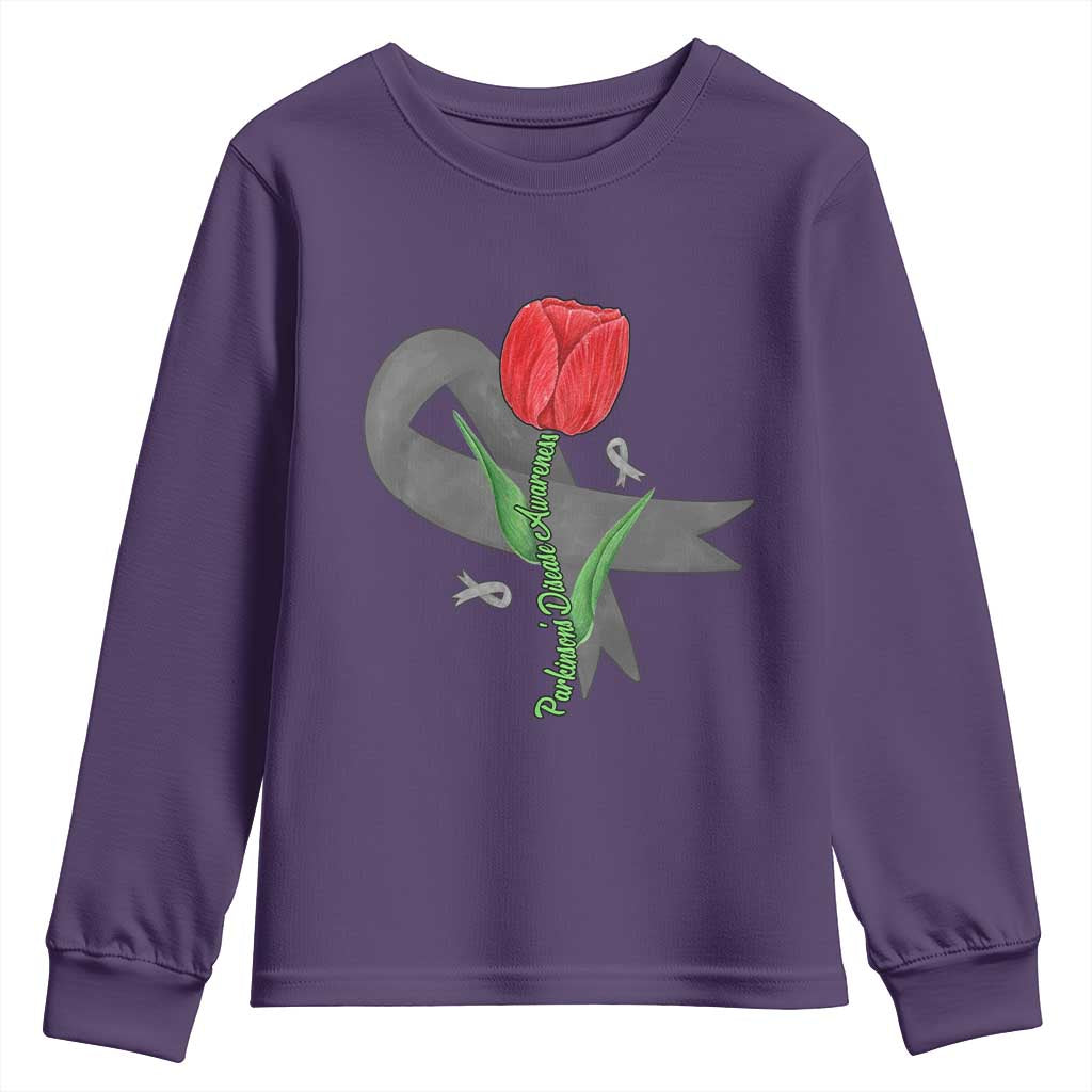 Parkinson's Awareness Youth Sweatshirt Gray Ribbon Tulips Support Parkinsons Warrior