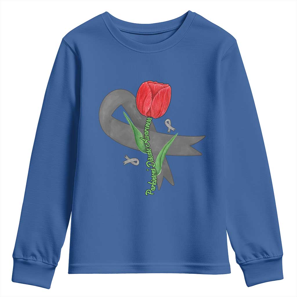 Parkinson's Awareness Youth Sweatshirt Gray Ribbon Tulips Support Parkinsons Warrior