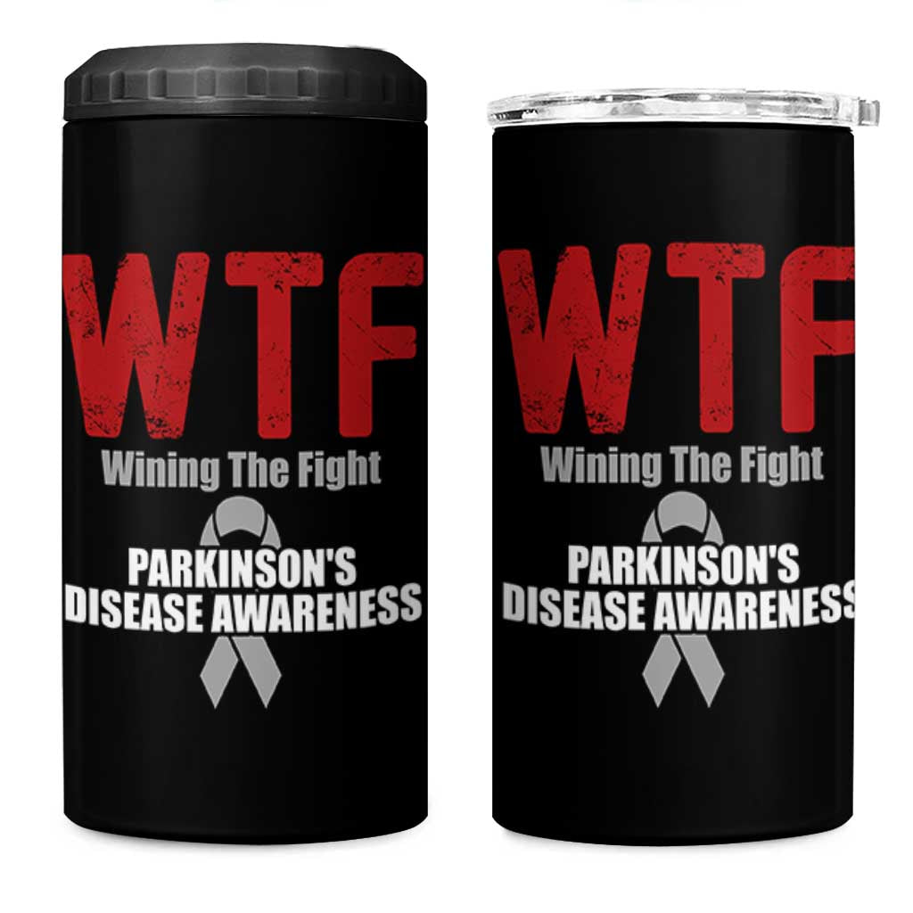 Parkinson's Awareness 4 in 1 Can Cooler Tumbler WTF Winning The Fight Gray Ribbon Support Parkinsons Warriror