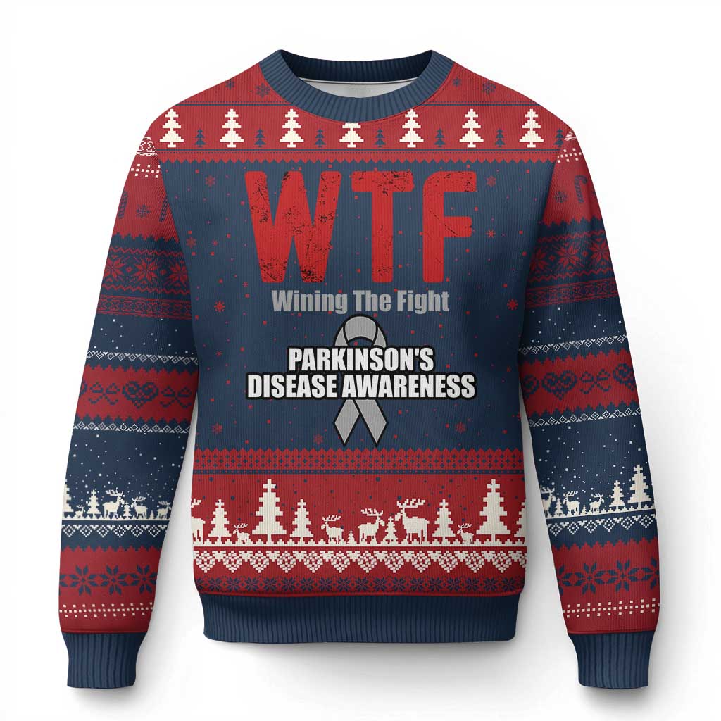 Parkinson's Awareness Ugly Christmas Sweater WTF Winning The Fight Gray Ribbon Support Parkinsons Warriror - Wonder Print Shop