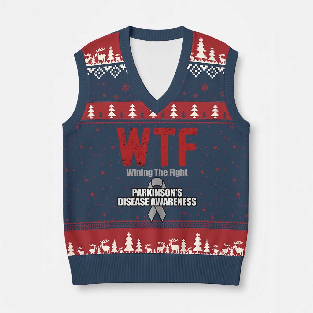 Parkinson's Awareness V-Neck Knit Sweater Vest WTF Winning The Fight Gray Ribbon Support Parkinsons Warriror - Wonder Print Shop