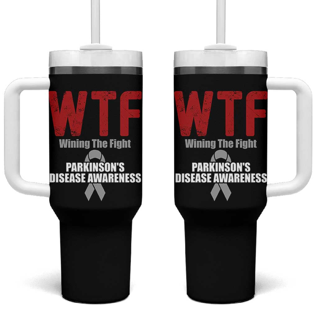 Parkinson's Awareness Tumbler With Handle WTF Winning The Fight Gray Ribbon Support Parkinsons Warriror