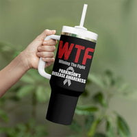 Parkinson's Awareness Tumbler With Handle WTF Winning The Fight Gray Ribbon Support Parkinsons Warriror