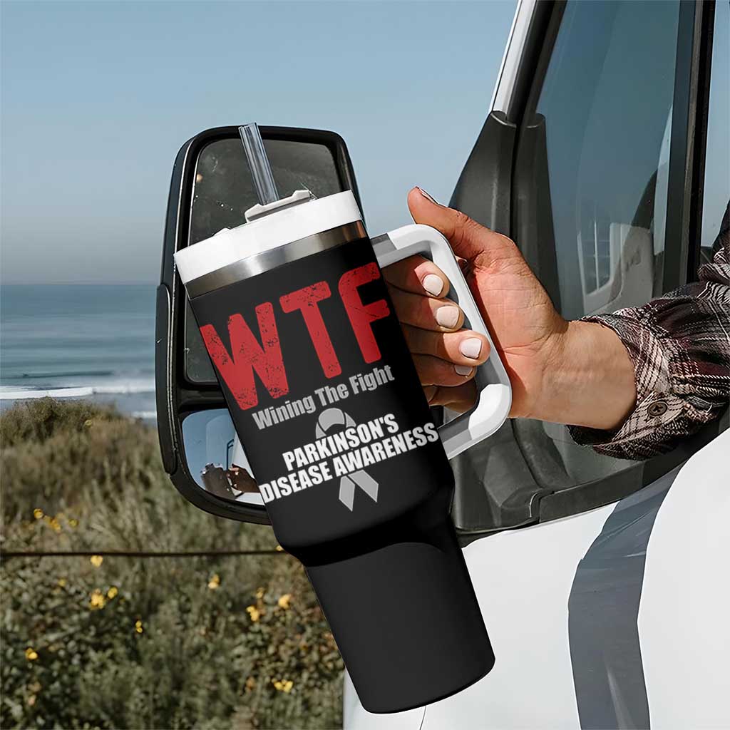 Parkinson's Awareness Tumbler With Handle WTF Winning The Fight Gray Ribbon Support Parkinsons Warriror
