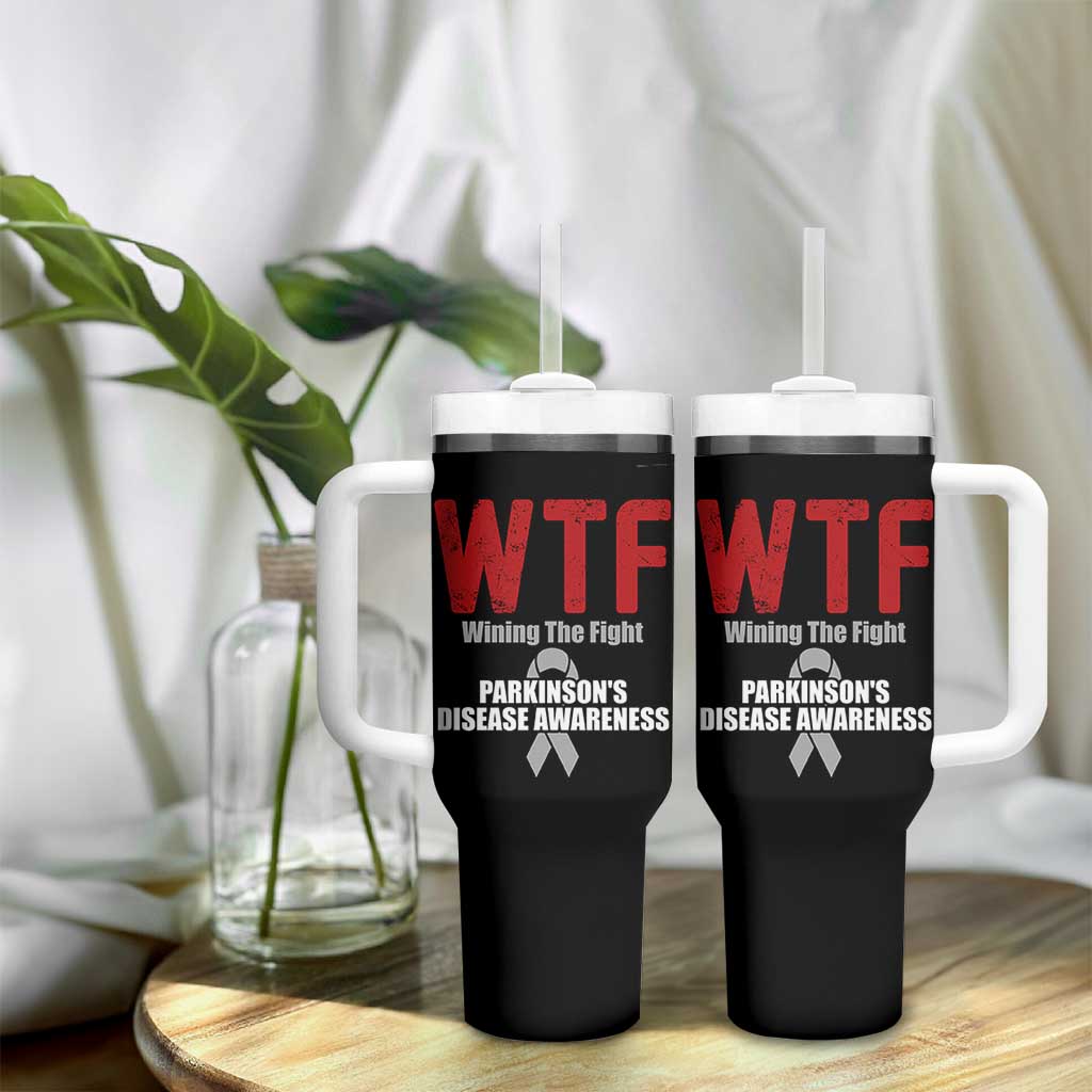 Parkinson's Awareness Tumbler With Handle WTF Winning The Fight Gray Ribbon Support Parkinsons Warriror