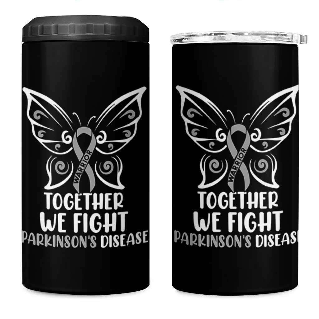 Parkinson's Awareness 4 in 1 Can Cooler Tumbler We Fight Together Support Squad Gray Ribbon Butterfly