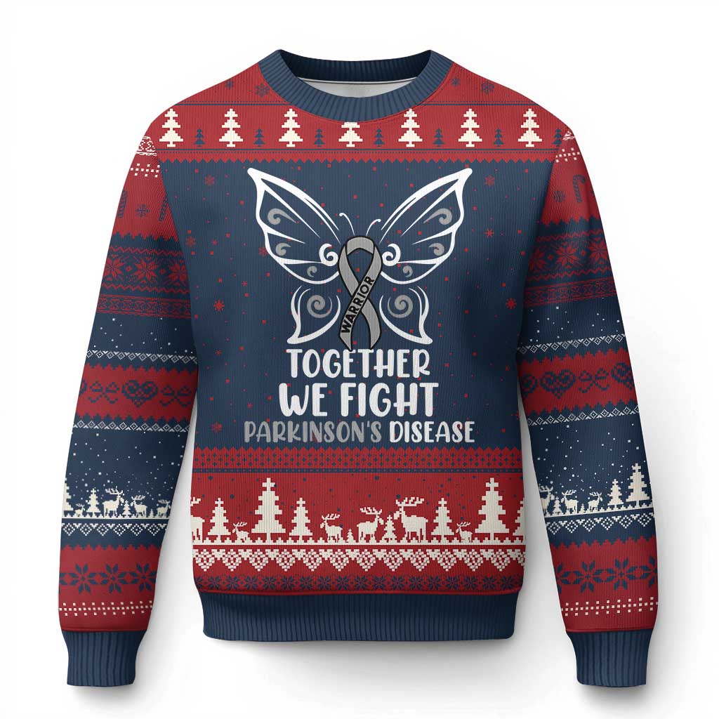 Parkinson's Awareness Ugly Christmas Sweater We Fight Together Support Squad Gray Ribbon Butterfly - Wonder Print Shop