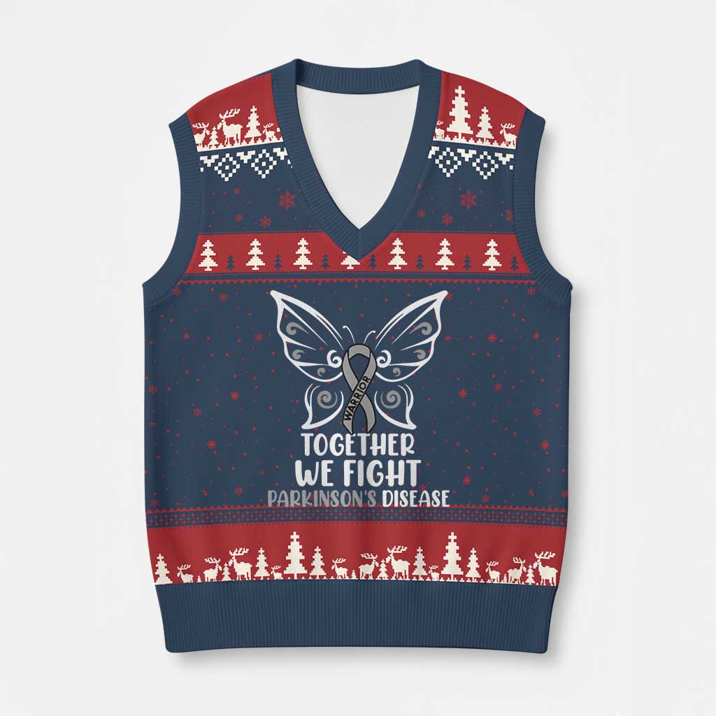 Parkinson's Awareness V-Neck Knit Sweater Vest We Fight Together Support Squad Gray Ribbon Butterfly - Wonder Print Shop