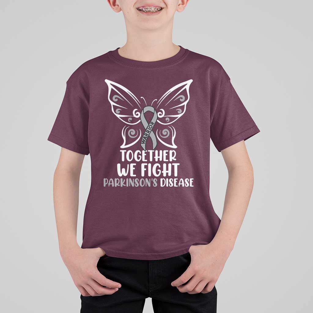 Parkinson's Awareness T Shirt For Kid We Fight Together Support Squad Gray Ribbon Butterfly
