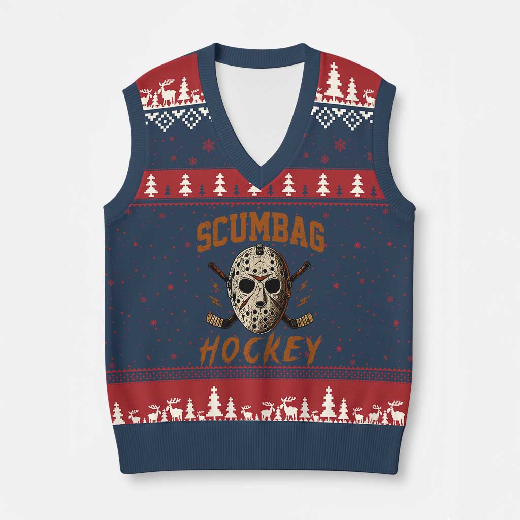Scumbag Hockey Goalie Mask Distressed Sports Graphic V-Neck Knit Sweater Vest