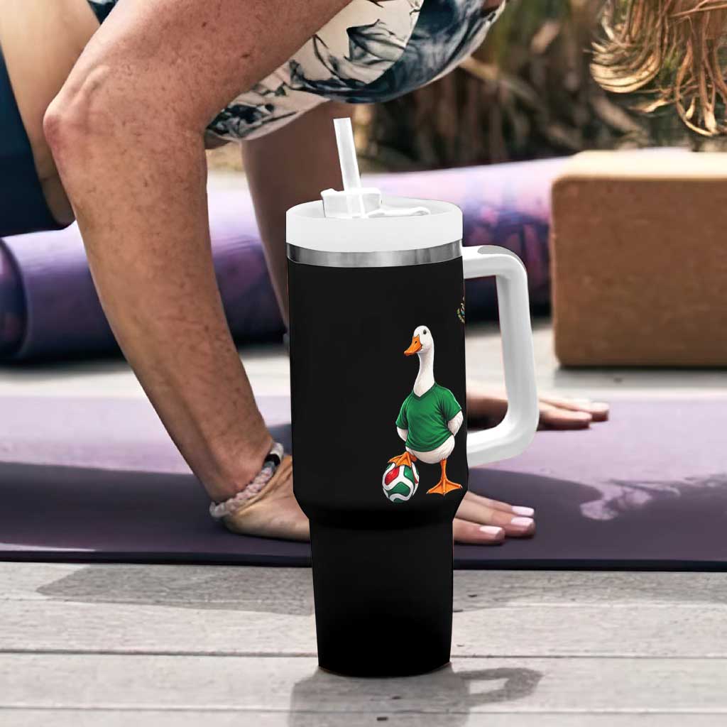 Merlin the Duck Soccer Player Mexico Fans Tumbler With Handle Mexican Sports Futbol Lovers Viral Animal in Green Jersey Graphic