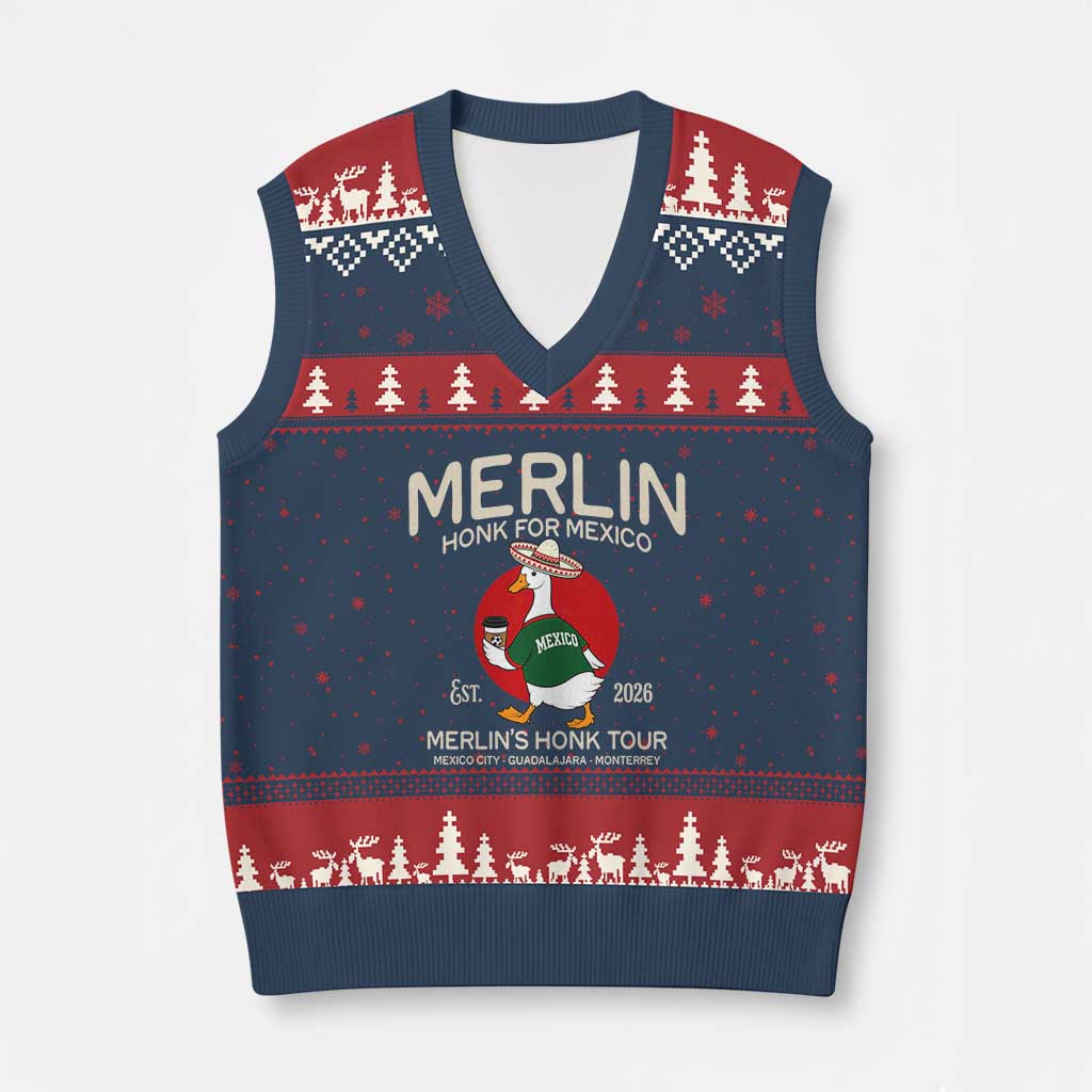Merlin the Duck Honk Tour Mexico Retro Band Parody V-Neck Knit Sweater Vest Mexican Pride Soccer Locer Football Fans