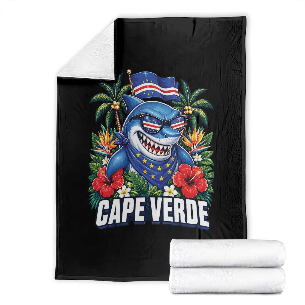 Cape Verde Cool Blue Shark Tropical Graphic Throw Blanket Cabo Verde Paradise Verdean Soccer Football Fans