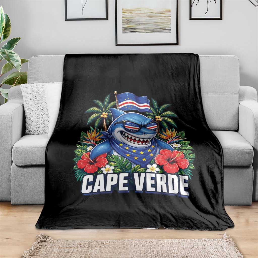 Cape Verde Cool Blue Shark Tropical Graphic Throw Blanket Cabo Verde Paradise Verdean Soccer Football Fans