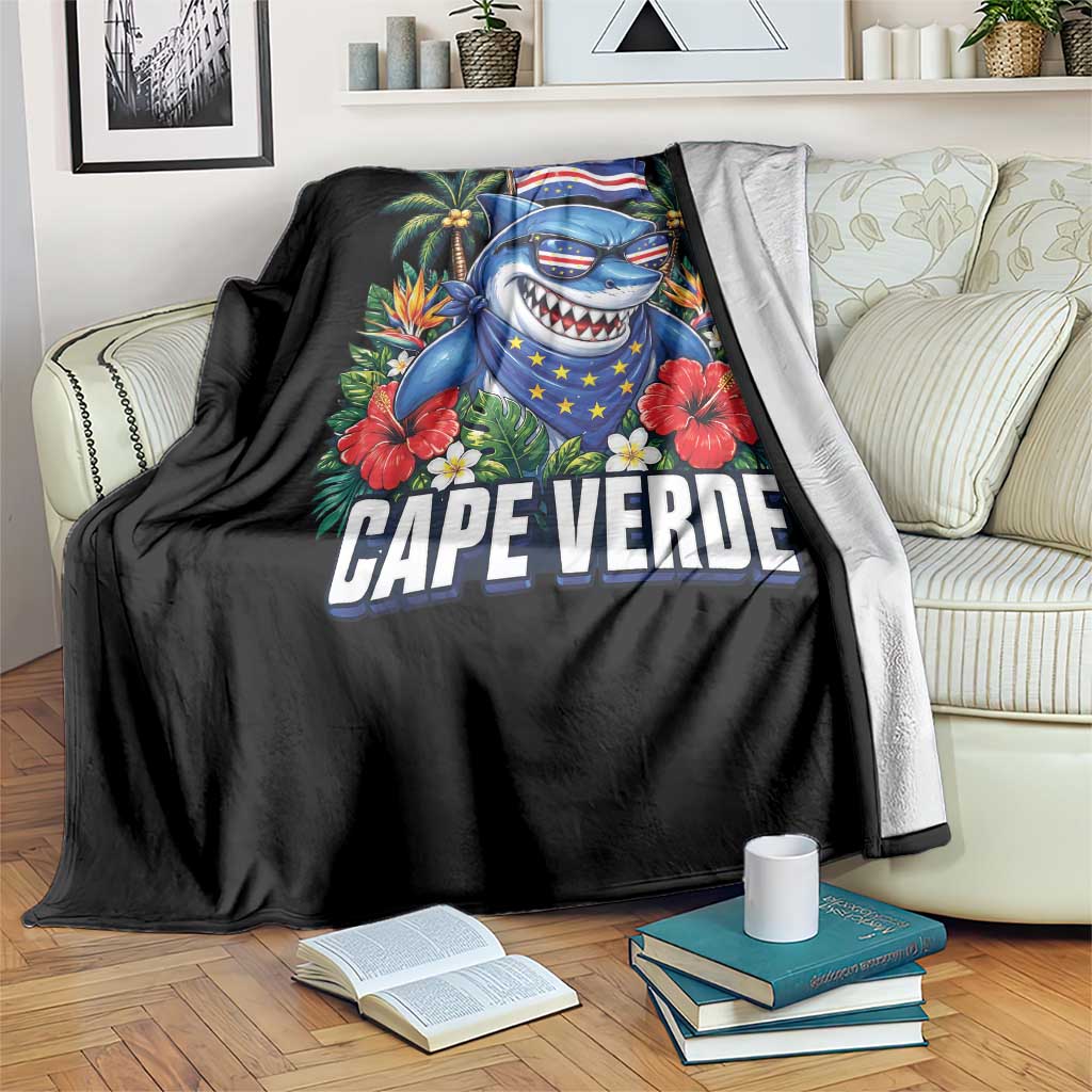 Cape Verde Cool Blue Shark Tropical Graphic Throw Blanket Cabo Verde Paradise Verdean Soccer Football Fans