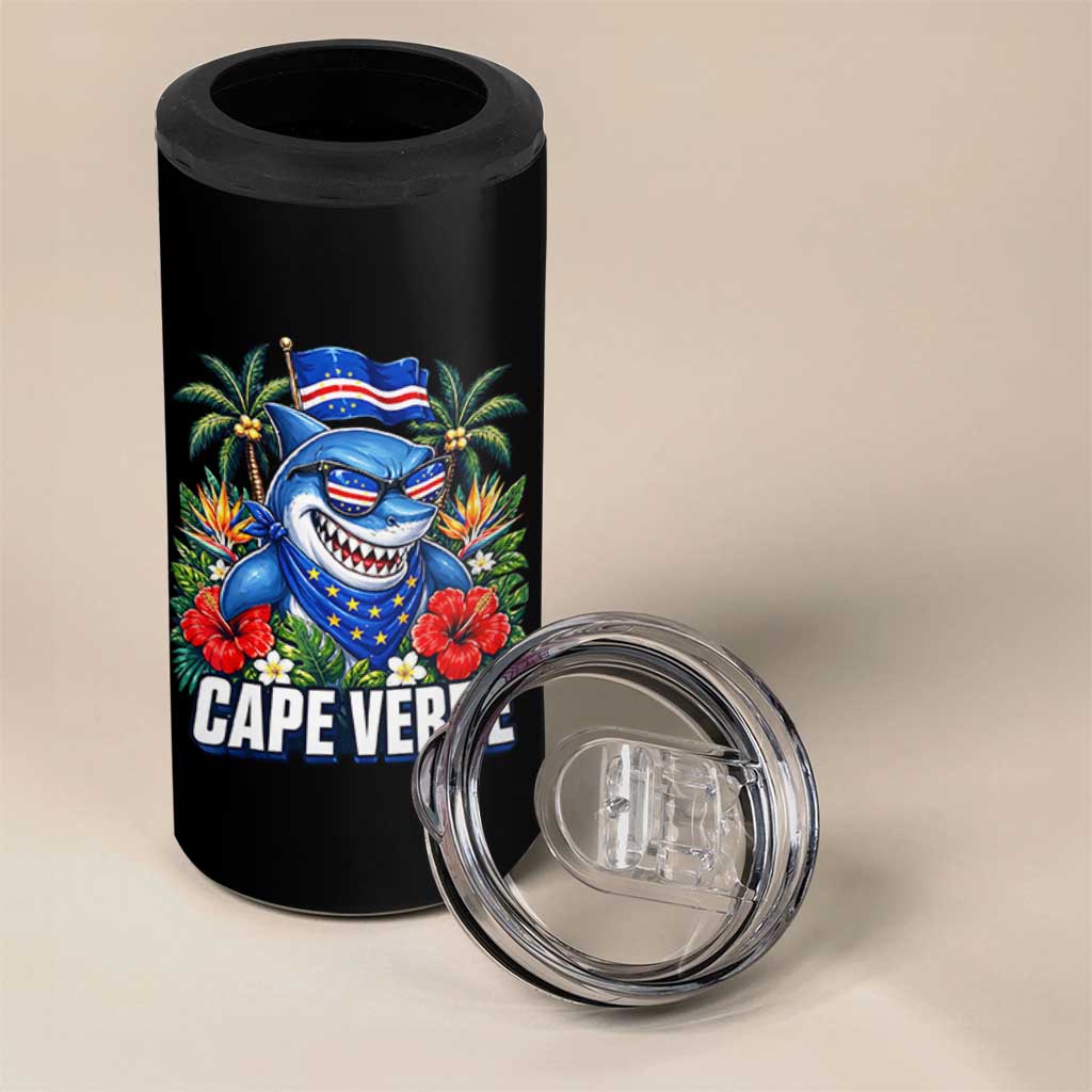 Cape Verde Cool Blue Shark Tropical Graphic 4 in 1 Can Cooler Tumbler Cabo Verde Paradise Verdean Soccer Football Fans
