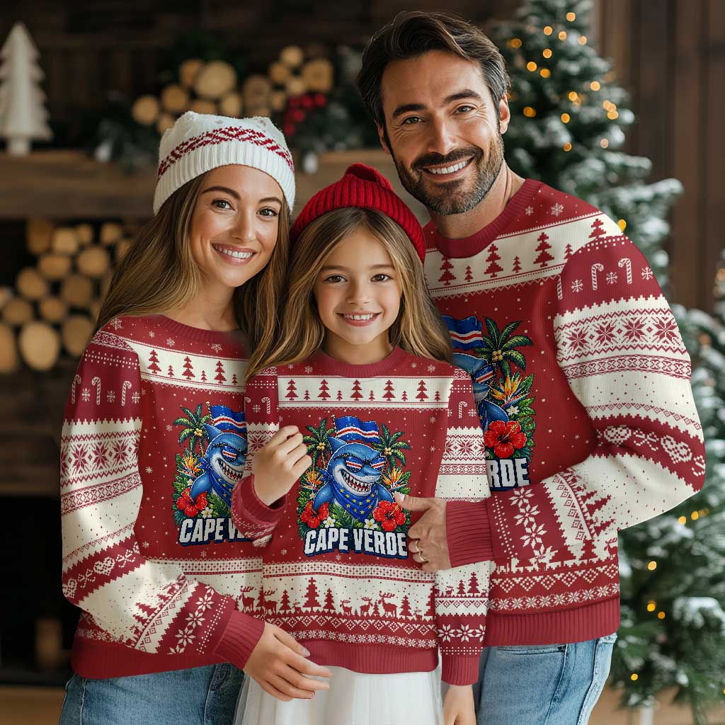 Cape Verde Cool Blue Shark Tropical Graphic Ugly Christmas Sweater Cabo Verde Paradise Verdean Soccer Football Fans