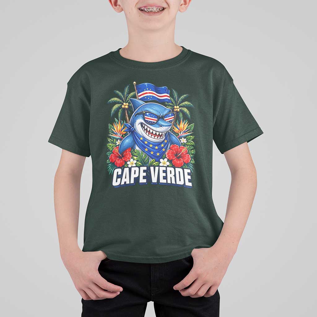 Cape Verde Cool Blue Shark Tropical Graphic T Shirt For Kid Cabo Verde Paradise Verdean Soccer Football Fans