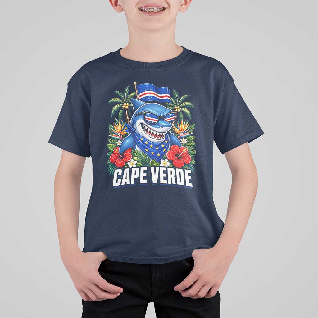 Cape Verde Cool Blue Shark Tropical Graphic T Shirt For Kid Cabo Verde Paradise Verdean Soccer Football Fans