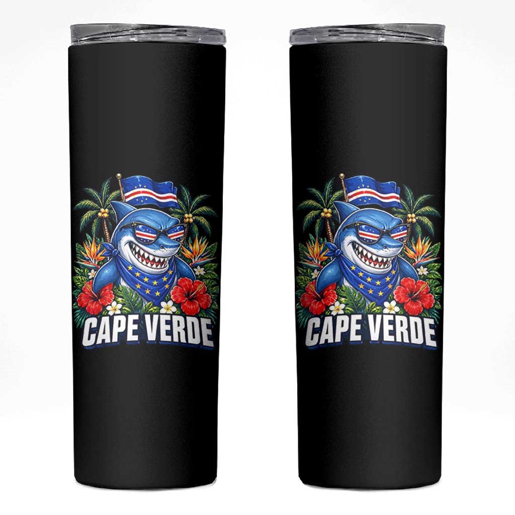 Cape Verde Cool Blue Shark Tropical Graphic Skinny Tumbler Cabo Verde Paradise Verdean Soccer Football Fans