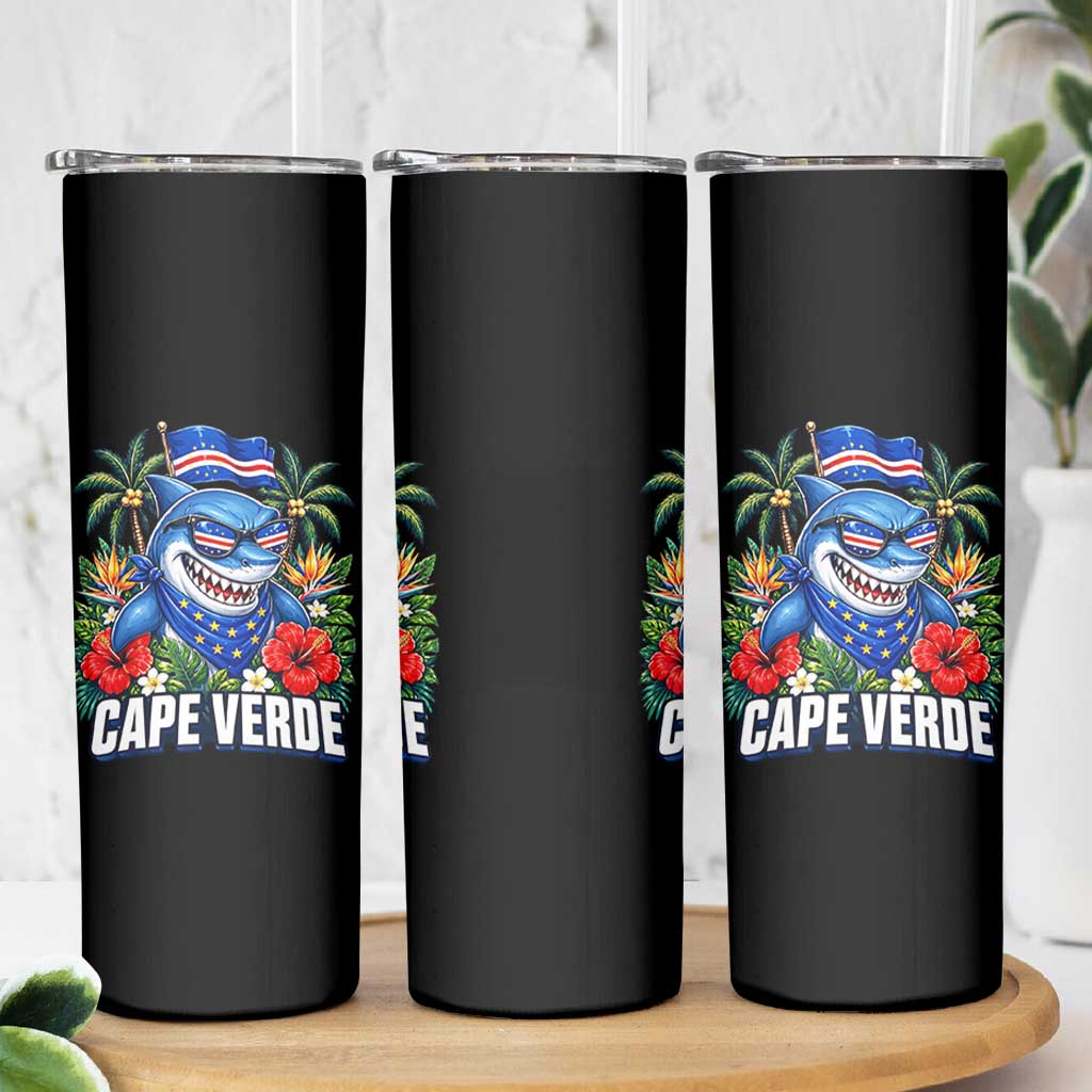 Cape Verde Cool Blue Shark Tropical Graphic Skinny Tumbler Cabo Verde Paradise Verdean Soccer Football Fans