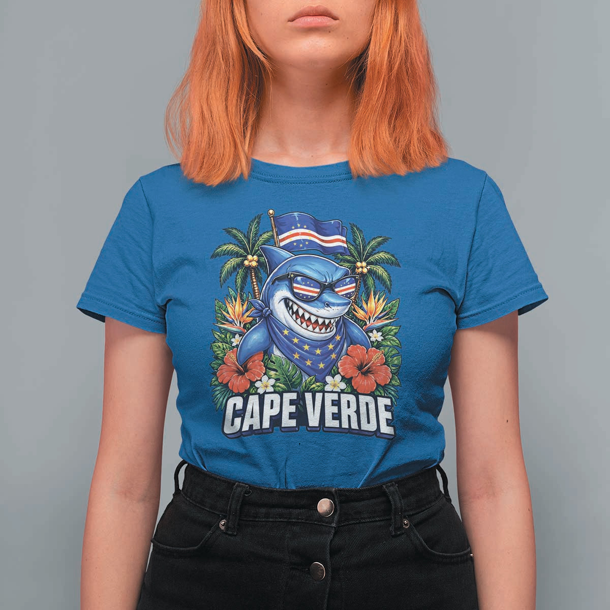 Cape Verde Cool Blue Shark Tropical Graphic T Shirt For Women Cabo Verde Paradise Verdean Soccer Football Fans