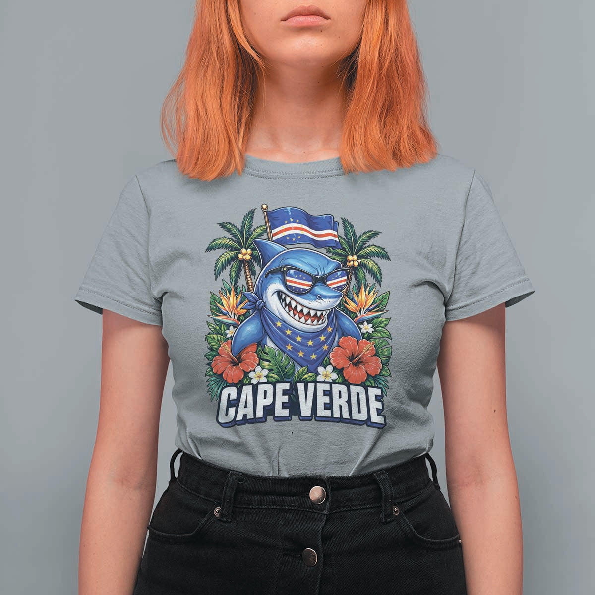 Cape Verde Cool Blue Shark Tropical Graphic T Shirt For Women Cabo Verde Paradise Verdean Soccer Football Fans