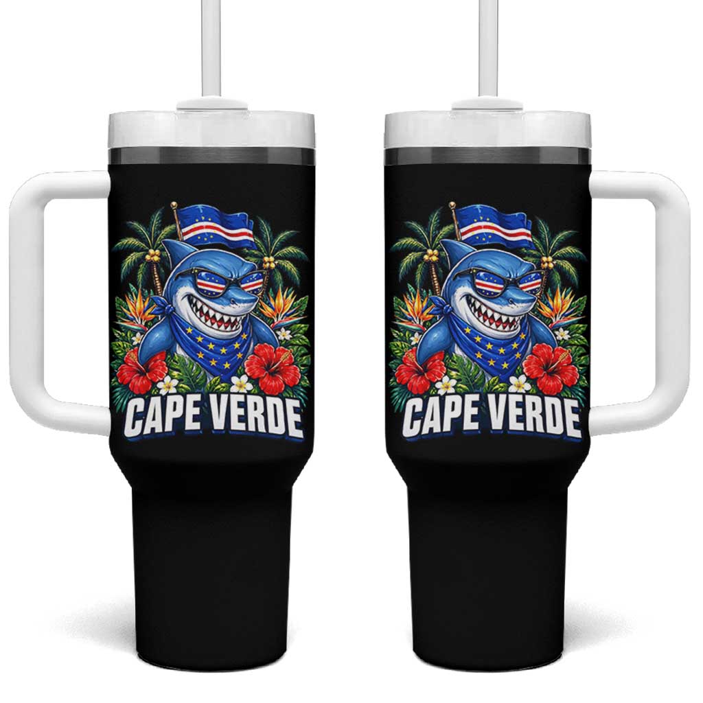 Cape Verde Cool Blue Shark Tropical Graphic Tumbler With Handle Cabo Verde Paradise Verdean Soccer Football Fans