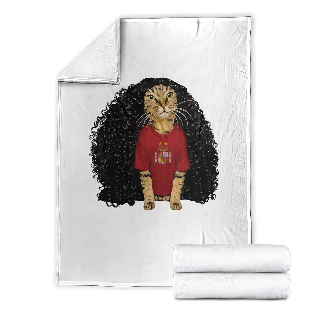 Funny Long Curly Hair Wig Soccer Cat Graphic Throw Blanket Spain Espana Sports Fans Meme Spanish Pride