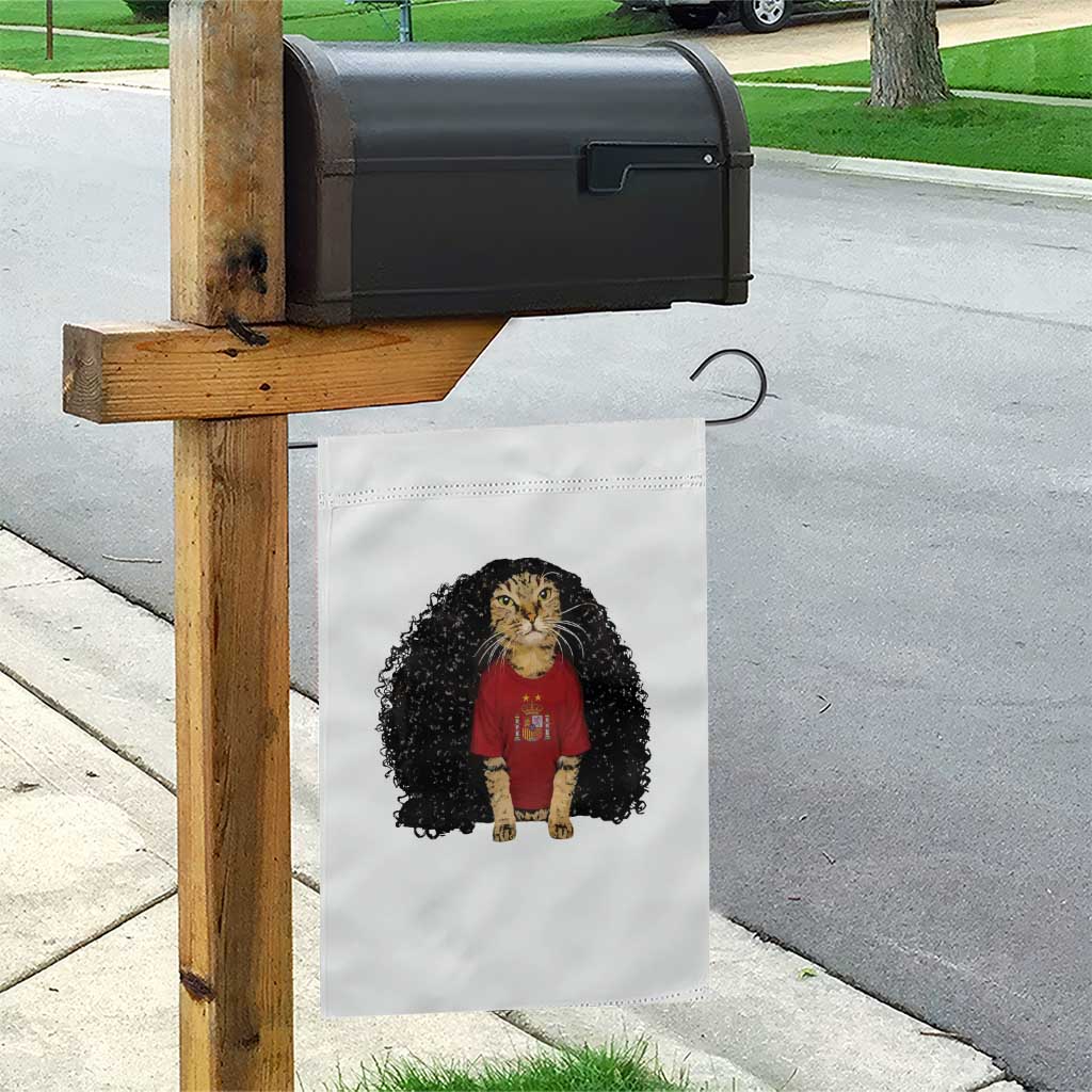 Funny Long Curly Hair Wig Soccer Cat Graphic Garden Flag Spain Espana Sports Fans Meme Spanish Pride